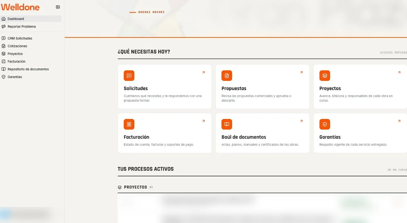 Vista del portal de clientes de Welldone.