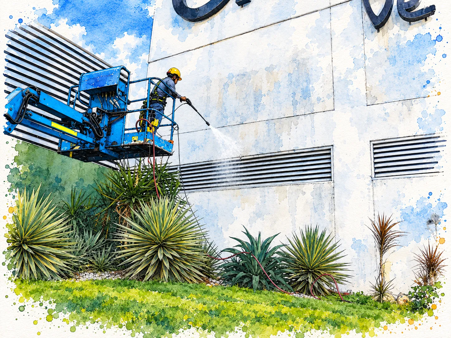 Acuarela del proyecto limpieza y mantenimiento de un aviso exterior comercial