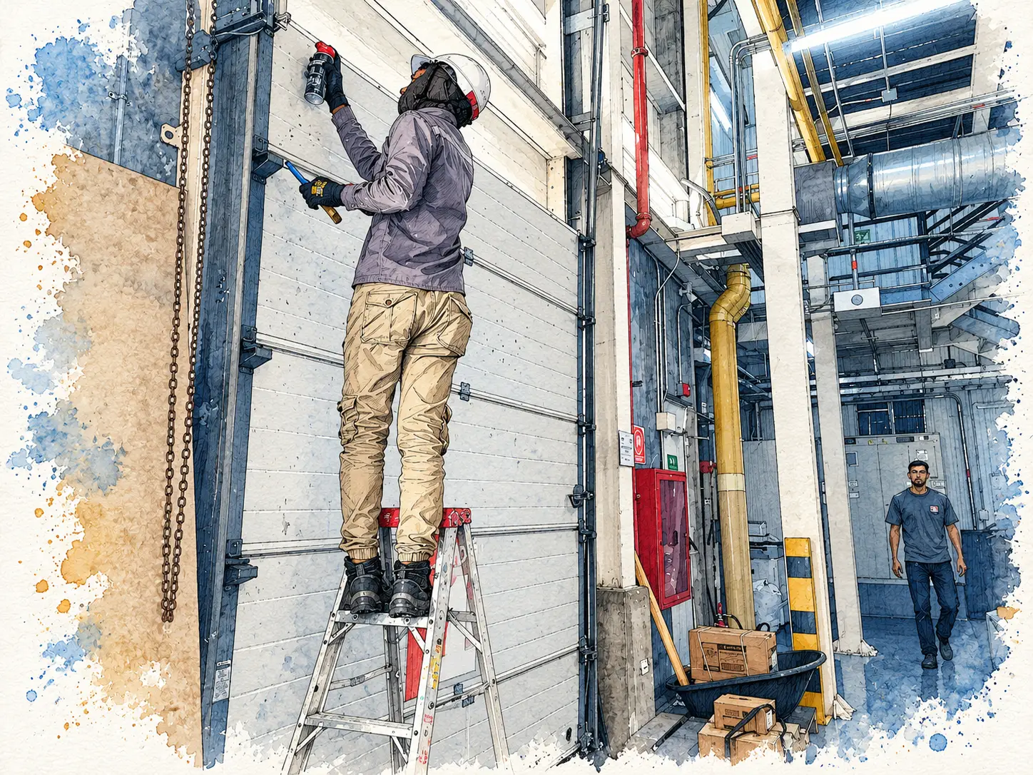 Acuarela del proyecto mantenimiento preventivo de puertas seccionales en una bodega logística