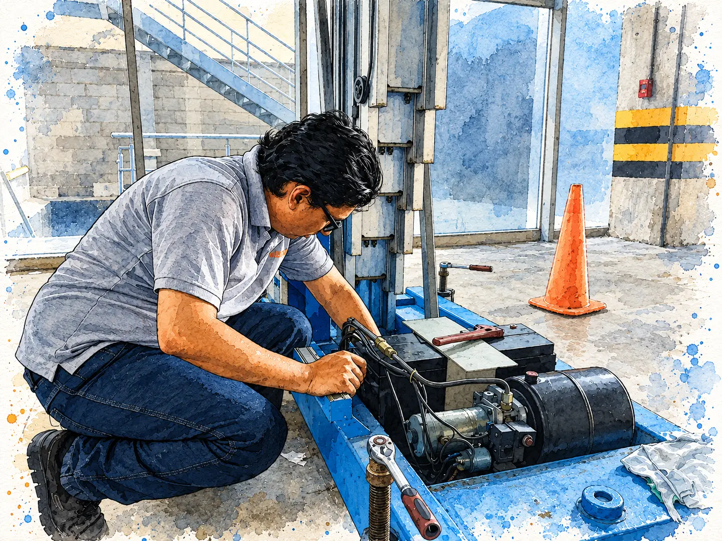 Acuarela del proyecto mantenimiento preventivo de una plataforma elevadora de tijera