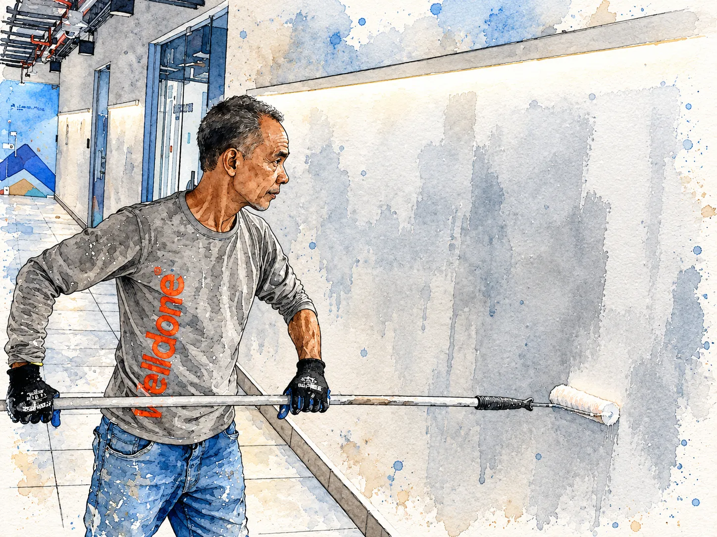 Acuarela del proyecto pintura de pasillos interiores en un edificio