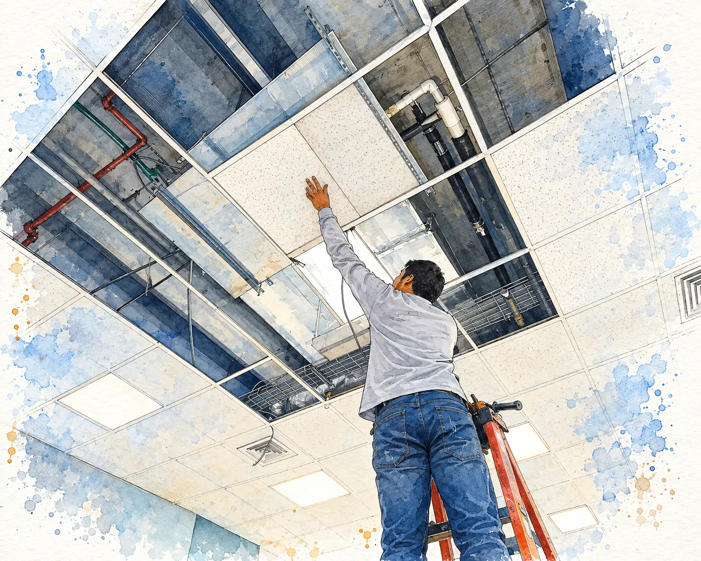 Acuarela del proyecto reparación de alfeizares, cielo raso y pintura de sala de juntas en oficinas