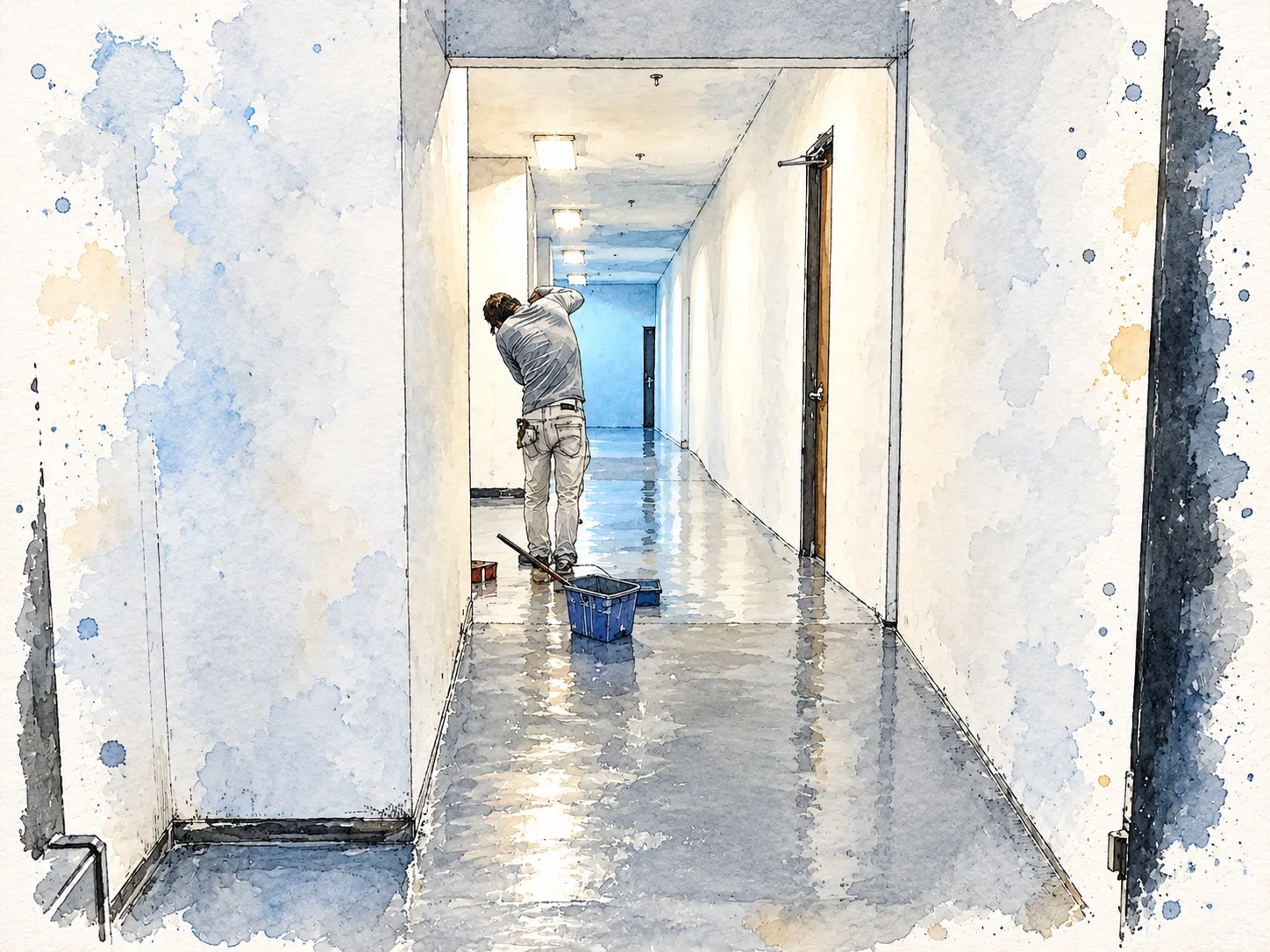 Acuarela del proyecto reparación de piso en pasillo de servicio de una empresa de cine